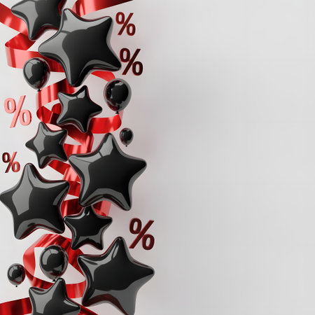 Black glossy starshaped balloons and red ribbons with percentage signs, isolated on a white background, representing saleの素材