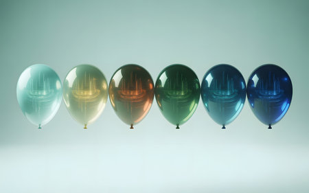 A row of colorful balloons in various shades of blue, green, gold, and brown, reflecting lightの素材