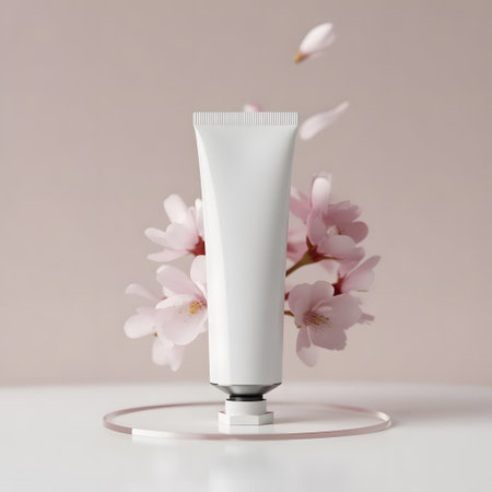 A white cosmetic tube with pink cherry blossoms and petals, isolated on a soft pink background, suggesting natural skincare and beautyの素材