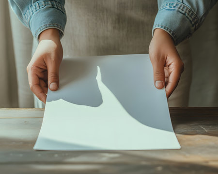 Hands holding a blank white sheet of paper, casting a shadow on a rustic wooden table, with soft natural lightの素材
