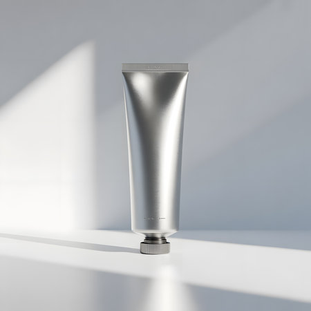 A metallic silver cosmetic tube is presented on a clean white surface, illuminated by soft light casting subtle shadows, highlighting its minimalist designの素材