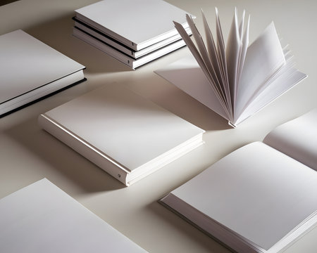 Several blank white books are arranged on a light gray surface, with one book open and its pages fanned outの素材