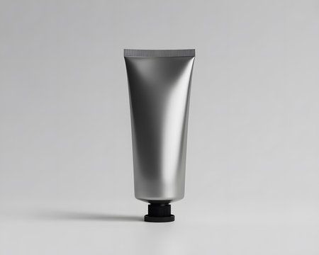 Silver metallic cosmetic tube with a black ribbed cap, isolated on white background, product mockup for beauty cream or lotionの素材