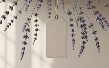 A rustic, blank kraft paper tag hanging amongst delicate sprigs of lavender, perfect for gift or product labelingの素材