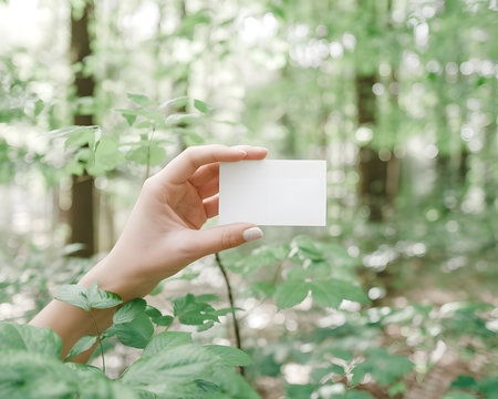 A hand holds a blank white business card in a lush green forest setting, surrounded by foliageの素材