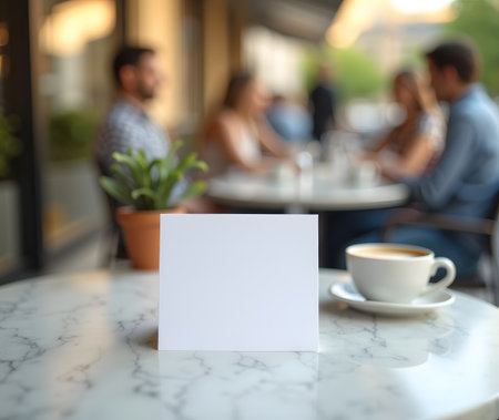 Blank white card on a table at an outdoor cafe with blurred people in the background and a cup of coffeeの素材