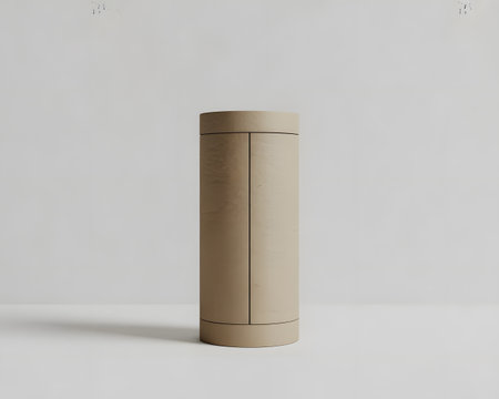 A cylindrical cardboard tube, possibly for packaging cosmetics or personal care items, standing upright against a plain light gray backgroundの素材