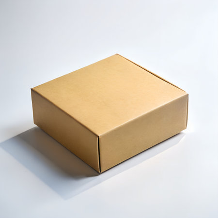 A simple brown cardboard box sits on a white surface with a soft shadowの素材