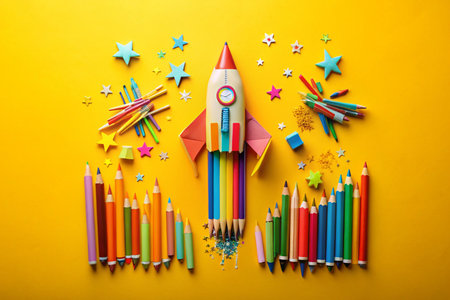 A colorful rocket made of pencils and crayons, surrounded by stars and art supplies, on a bright yellow background, representing creativity and imaginationの素材
