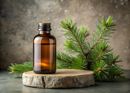 A small amber glass bottle of essential oil sits on a stone coaster next to a pine branchの素材