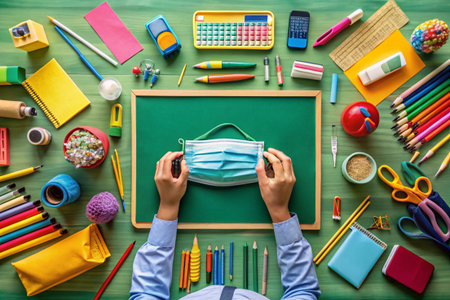 Overhead view of school supplies and a face mask arranged around a small chalkboard, symbolizing the new normal in educationの素材
