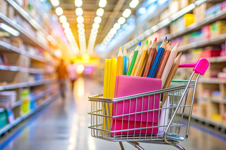 A shopping cart filled with colorful pencils and notebooks, moving down a brightly lit aisle in a stationery store or supermarketの素材