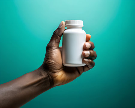 Hand holding a white pill bottle with a bluegreen background, representing healthcare and medicationの素材