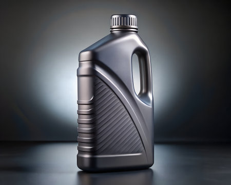A dark gray plastic bottle with a handle, designed for motor oil or other automotive fluidsの素材