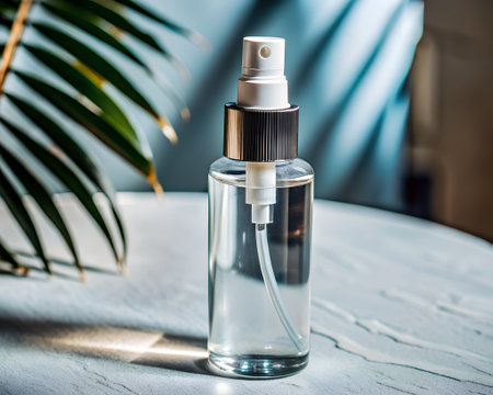 A clear glass spray bottle with a silver ribbed collar and white pump, positioned on a textured surface with a blurred background and a tropical leafの素材