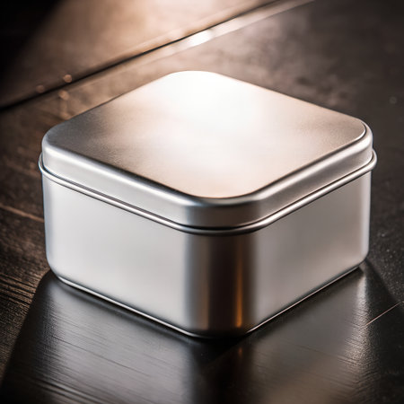 A simple, clean, and modern silver tin box with a lid sits on a dark wooden surface, reflecting lightの素材