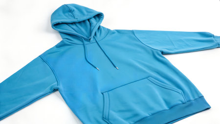 A bright blue hooded sweatshirt laid flat, showcasing its casual design and comfortable fabricの素材