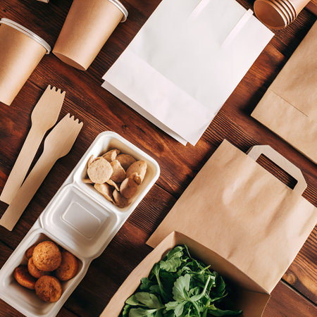 Overhead view of assorted takeaway food containers and bags arranged on a rustic wooden table, emphasizing ecofriendly packagingの素材