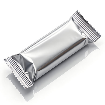 A silver foilwrapped candy bar or snack, isolated on a clean white background, highlighting packaging and confectionery productの素材