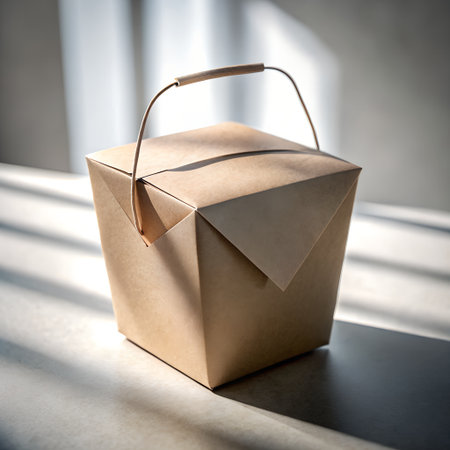 A simple brown paper takeout food container with a wire handle, casting a shadow on a surface with light streaksの素材