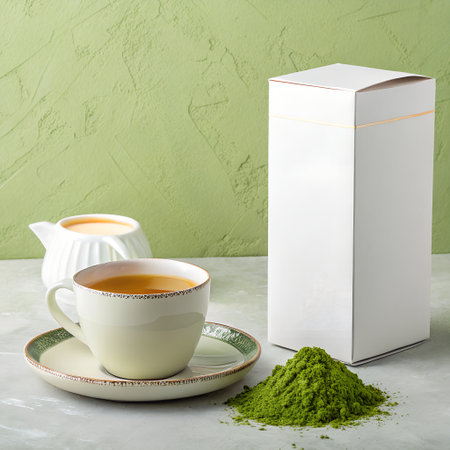 Cup of green tea with a creamer pitcher, a box, and a pile of matcha powder on a textured surfaceの素材