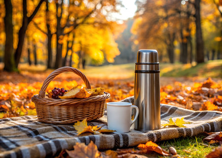 Autumn picnic with thermos and basket full of fruit on a blanket in a park with fallen leaves and golden treesの素材
