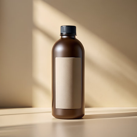 A dark brown bottle with a blank kraft paper label stands on a light surface, casting a shadow under warm, directional light, suggesting a product mockupの素材