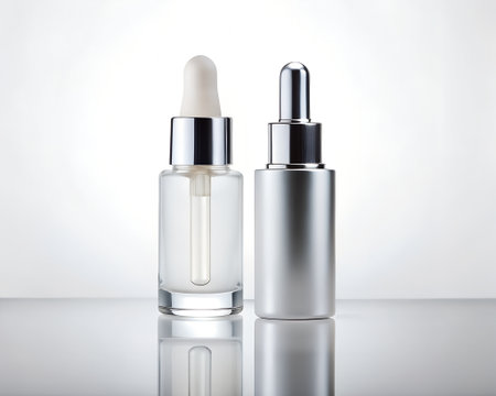 Two cosmetic serum bottles with droppers, one clear glass and one metallic silver, presented sidebyside on a reflective surfaceの素材
