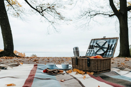 An outdoor picnic scene with a basket, cups, and food on a blanket under autumn trees, suggesting a leisurely outdoor mealの素材