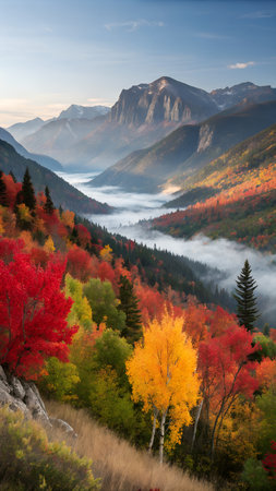 Misty valley shrouded in fog during autumn with vibrant red and yellow trees and majestic mountains in the backgroundの素材