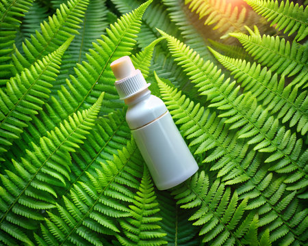 Small white spray bottle with a cap nestled amongst vibrant green fern leaves in natural lightの素材