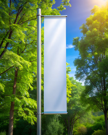 Blank white banner hanging on a metal pole in a park with lush green trees and bright sunlight filtering through the leavesの素材