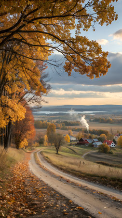 A winding dirt road leads through a vibrant autumn forest with golden leaves and a distant village under a cloudy skyの素材