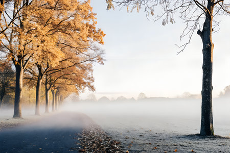 A misty autumn morning road lined with golden trees and fallen leaves, leading into a foggy landscape with frost on the groundの素材