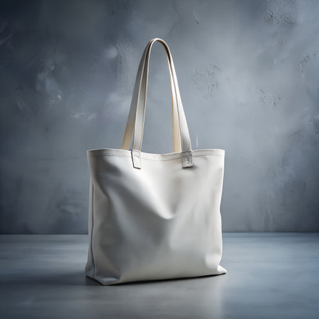A plain white canvas tote bag stands against a textured gray background, showcasing its simple design and versatility for everyday use and shoppingの素材