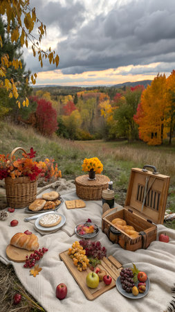 A delightful autumn picnic spread on a blanket outdoors, featuring bread, fruits, cookies, and baskets amidst colorful fall foliageの素材