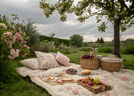 A romantic picnic spread on a blanket in a garden with flowers and trees, featuring food, drinks, and comfortable cushions for a leisurely outdoor mealの素材