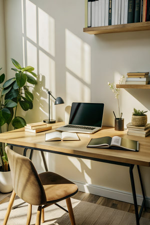 A cozy home office with a wooden desk, a laptop, open books, and plants, bathed in warm sunlight streaming through the windowの素材