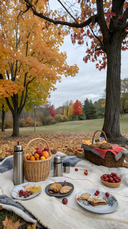 A vertical view of an autumn picnic setup on a blanket, with baskets of fruit, plates of food, and a thermos, set against a backdrop of colorful treesの素材