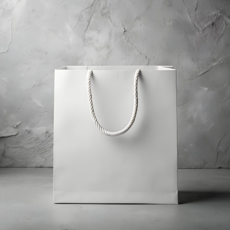 A plain white paper shopping bag with rope handles, placed on a grey concrete surface against a textured grey wall, studio shotの素材