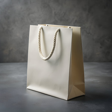 A sophisticated offwhite paper gift bag with a twisted rope handle, set against a dark, textured backdrop, ideal for luxury packaging and retailの素材