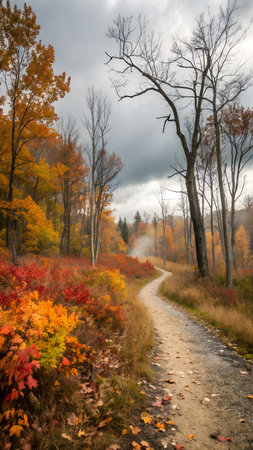 A winding dirt path through a forest during autumn, with vibrant red, orange, and yellow leaves on trees and bushes under a cloudy skyの素材