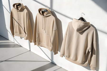 Three beige hooded sweatshirts are neatly hung on a white wall, casting shadows from sunlight streaming through a window, creating a cozy and casual fashion displayの素材