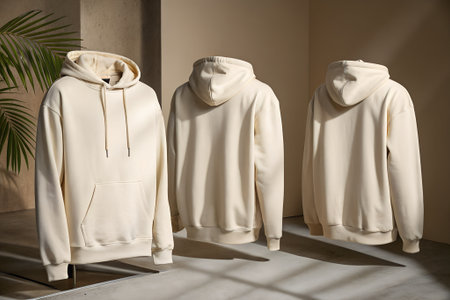 Three creamcolored hooded sweatshirts arranged in a studio, with one in the foreground and two in the background, showcasing different anglesの素材