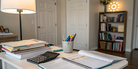 A home office desk with a stack of books, a calculator, pens in a holder, and an open notebook, ready for study or workの素材