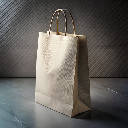 A light brown paper shopping bag with twisted handles, standing upright on a reflective surface against a textured grey backgroundの素材