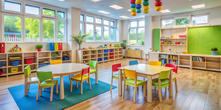 Brightly lit modern kindergarten classroom with colorful furniture, toys, and learning materials, featuring large windows and a green wallの素材