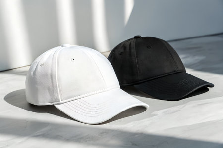 Two baseball caps, one white and one black, are placed on a surface with dramatic lighting and shadowsの素材