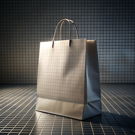 A minimalist, modern shopping bag with a subtle geometric pattern stands on a reflective tiled surface, illuminated by dramatic lightingの素材