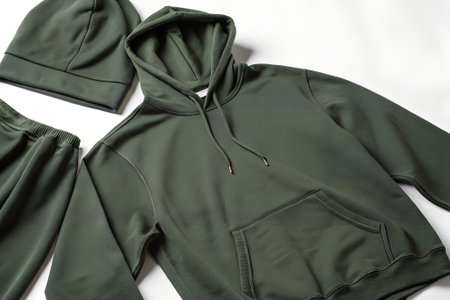 Dark green hooded sweatshirt with a kangaroo pocket and drawstrings, part of a matching set with a beanie and pantsの素材